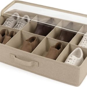 12 Collapsible Fabric Underbed Storage Box Sturdy Cloth Organizer Bin for Shoes Boots with Dividers
